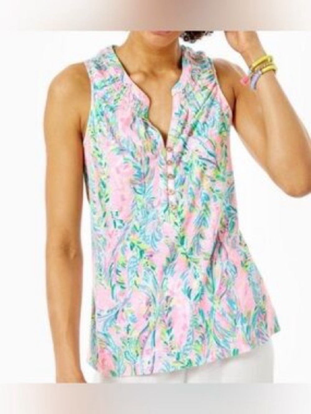 Lilly Pulitzer Pink Multicolor Sleeveless Floral Henley Top size small